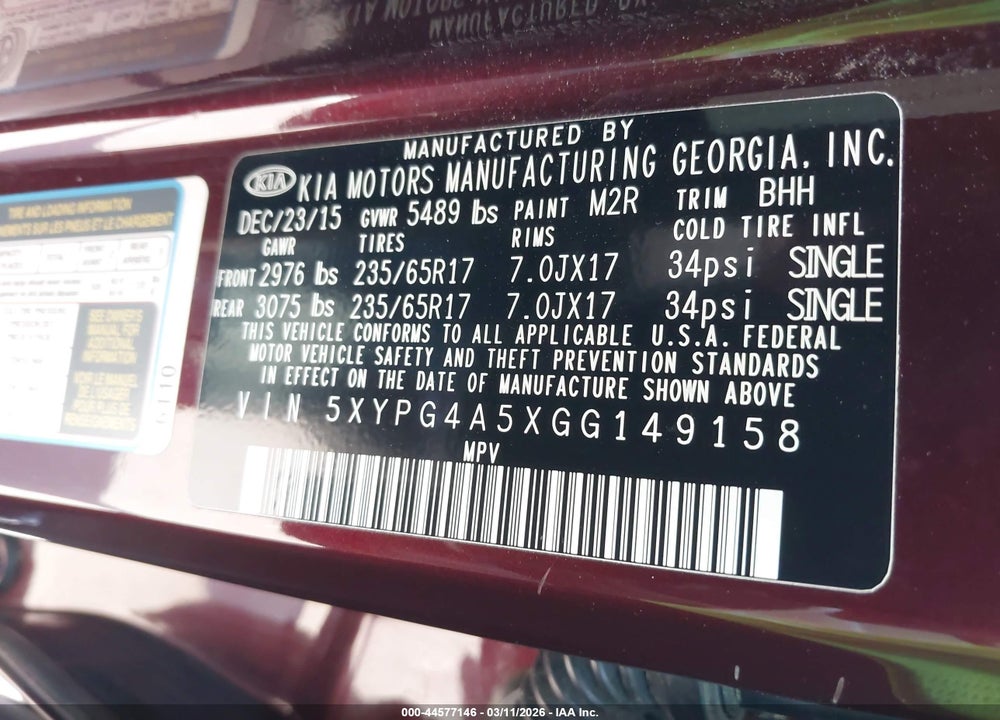 2016 KIA SORENTO 3.3L LX VIN: 5XYPG4A5XGG149158