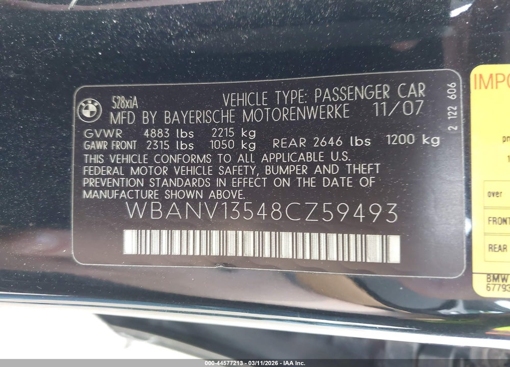 2008 BMW 528XI VIN: WBANV13548CZ59493