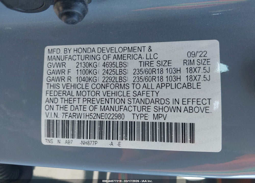 2022 HONDA CR-V 2WD EX VIN: 7FARW1H52NE022980