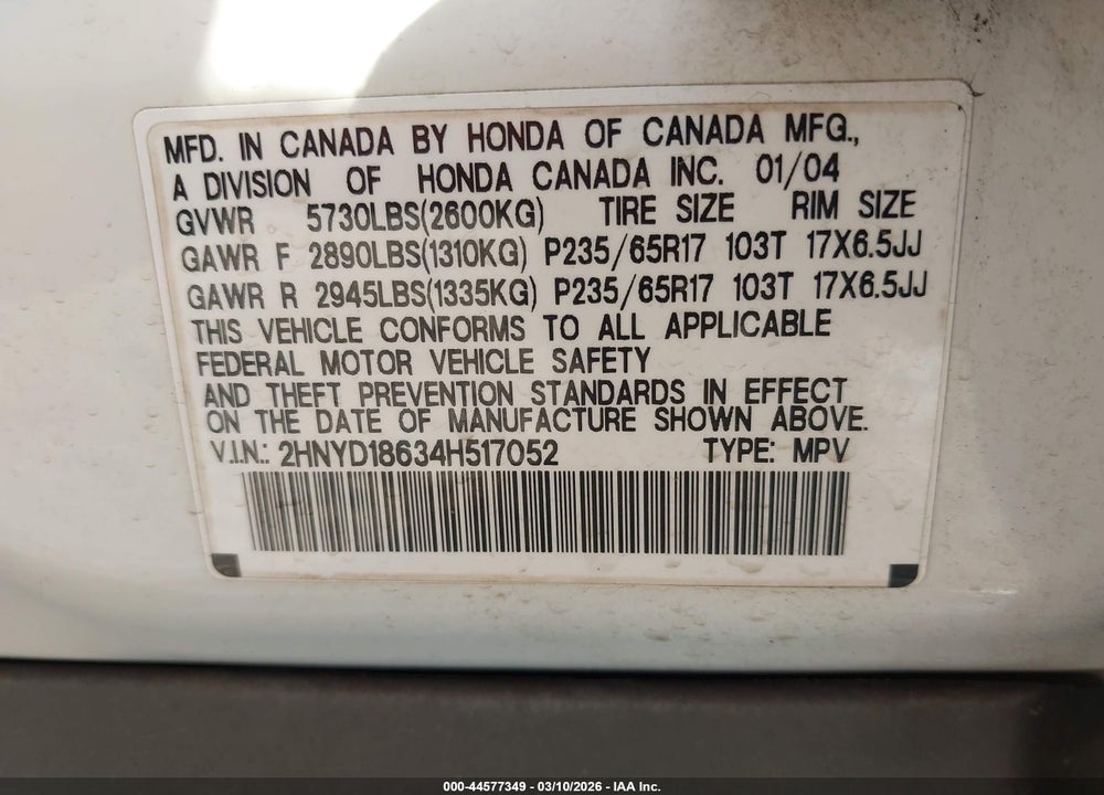 2004 ACURA MDX VIN: 2HNYD18634H517052