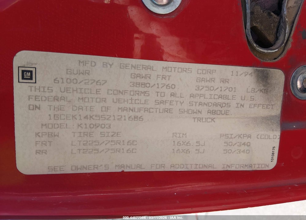 1995 CHEVROLET GMT-400 K1500 VIN: 1GCEK14K5SZ121686