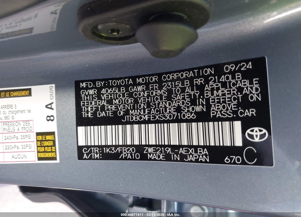 2025 TOYOTA COROLLA HYBRID LE VIN: JTDBCMFEXS3071086