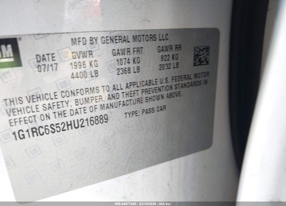 2017 CHEVROLET VOLT LT VIN: 1G1RC6S52HU216889