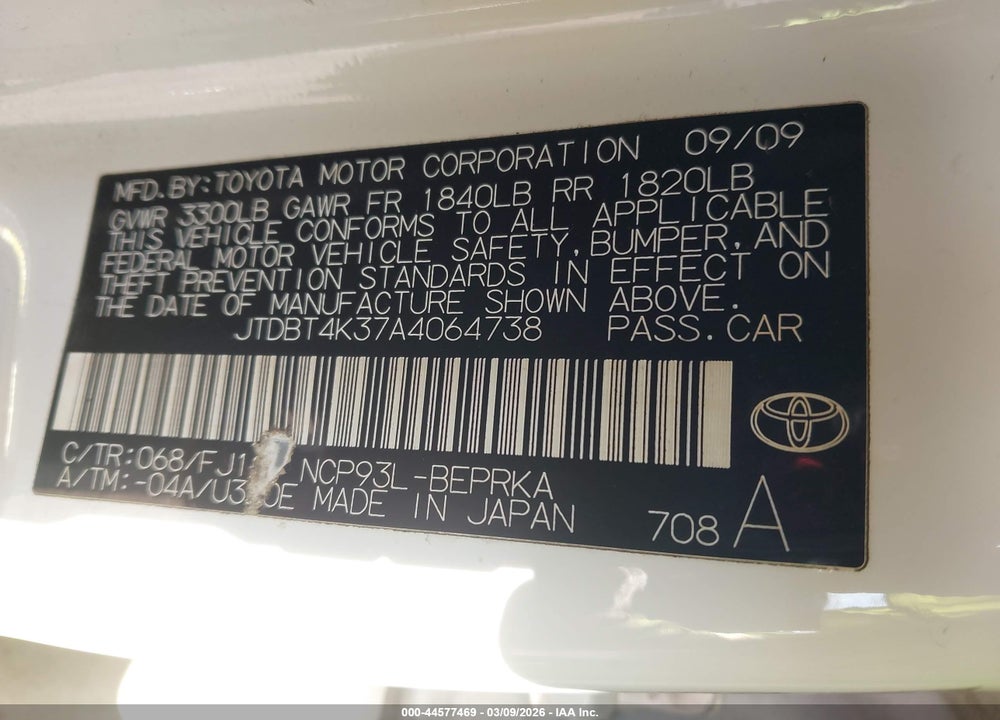 2010 TOYOTA YARIS VIN: JTDBT4K37A4064738