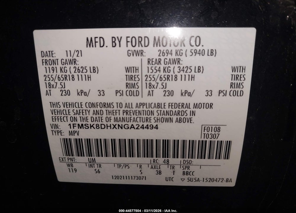 2022 FORD EXPLORER XLT VIN: 1FMSK8DHXNGA24494