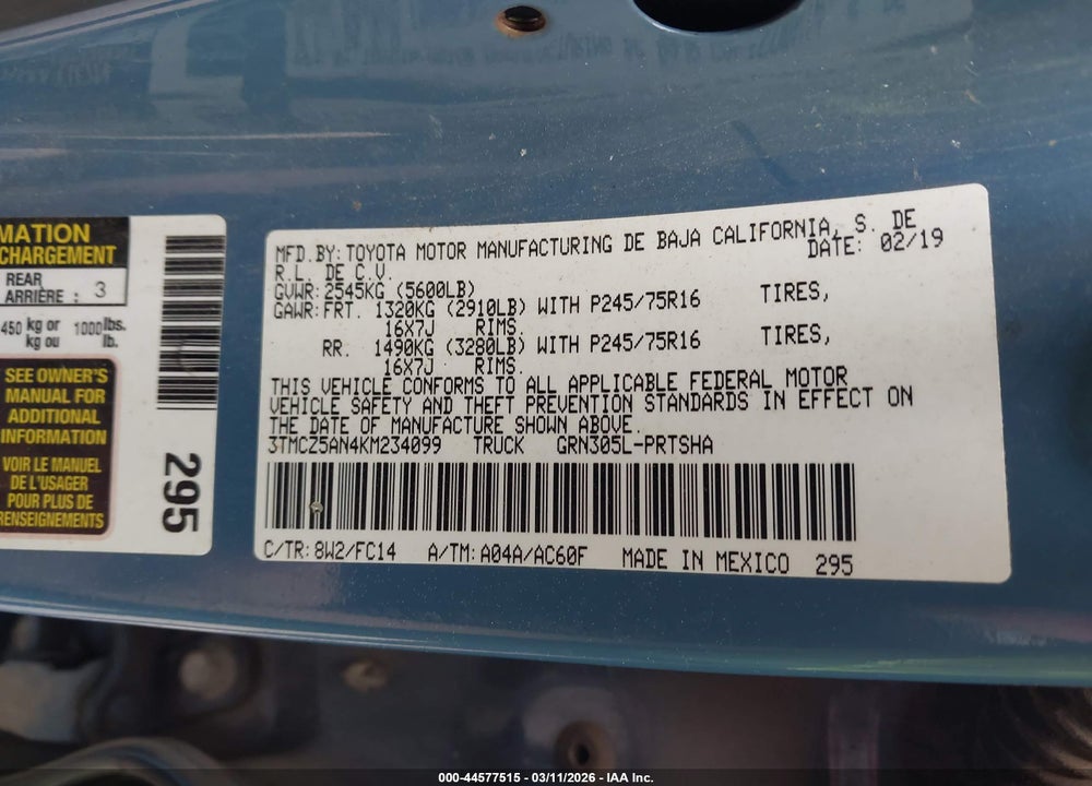 2019 TOYOTA TACOMA SR5 V6 VIN: 3TMCZ5AN4KM234099
