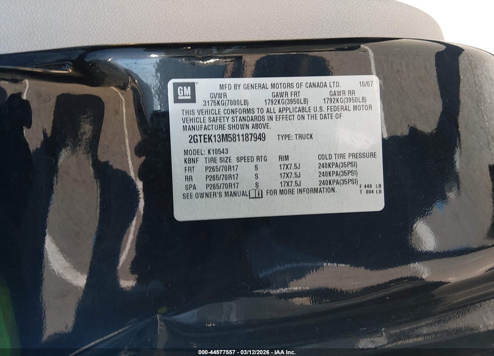2008 GMC SIERRA 1500 SLT VIN: 2GTEK13M581187949