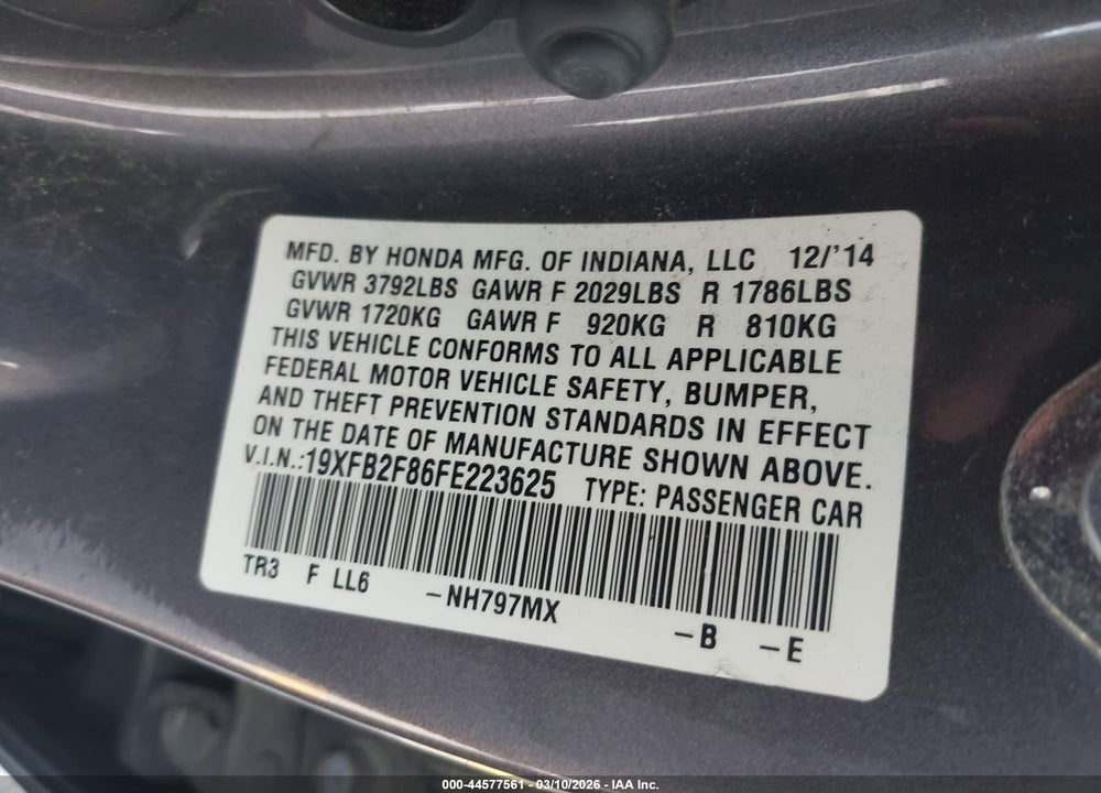 2015 HONDA CIVIC EX VIN: 19XFB2F86FE223625