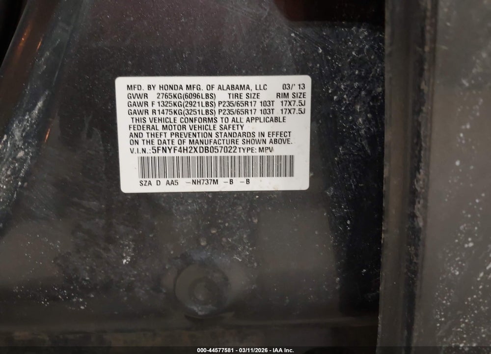 2013 HONDA PILOT LX VIN: 5FNYF4H2XDB057022
