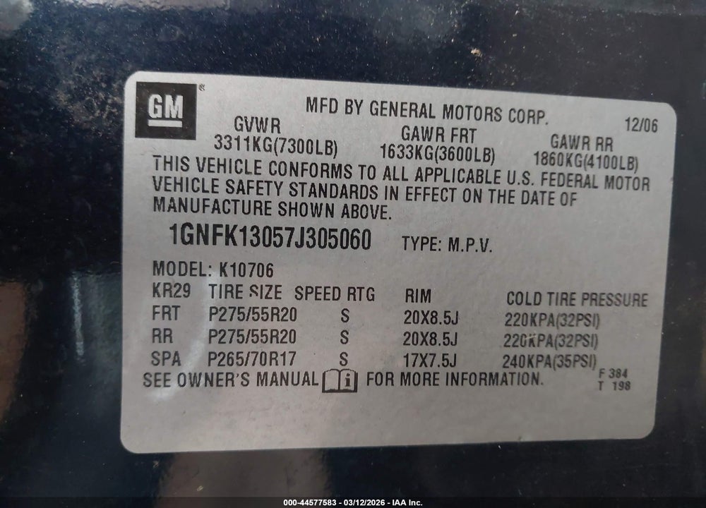 2007 CHEVROLET TAHOE LTZ VIN: 1GNFK13057J305060