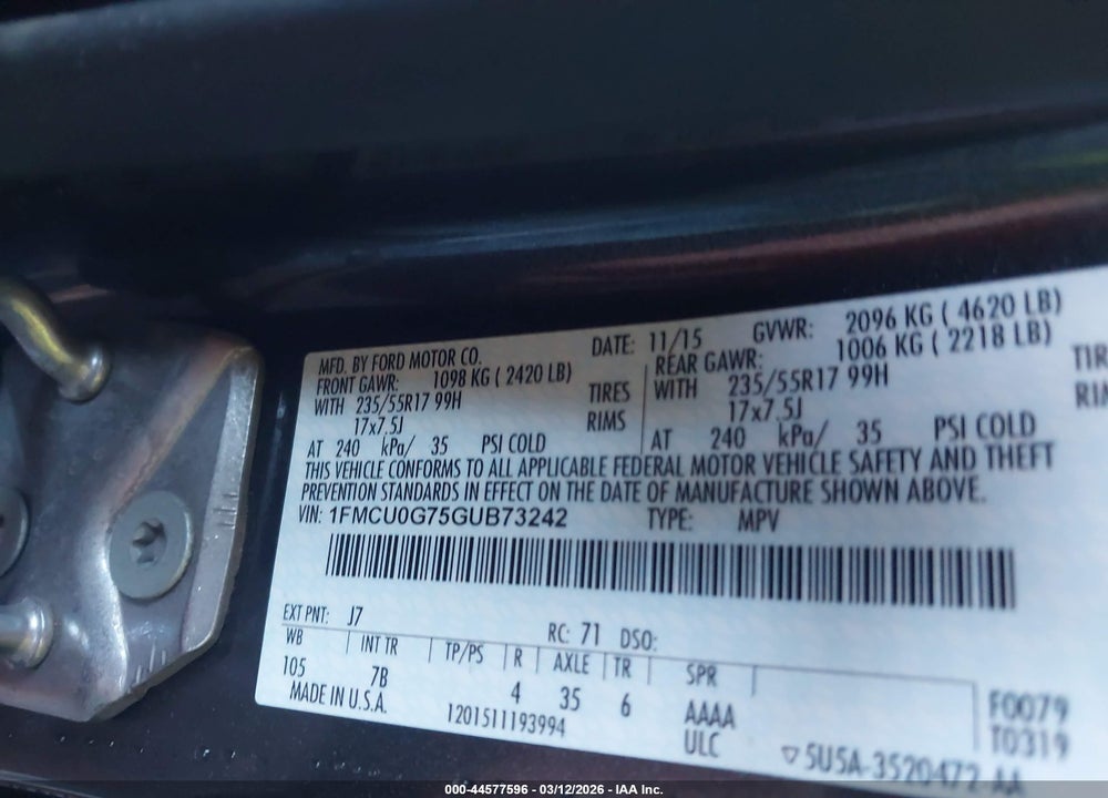 2016 FORD ESCAPE SE VIN: 1FMCU0G75GUB73242