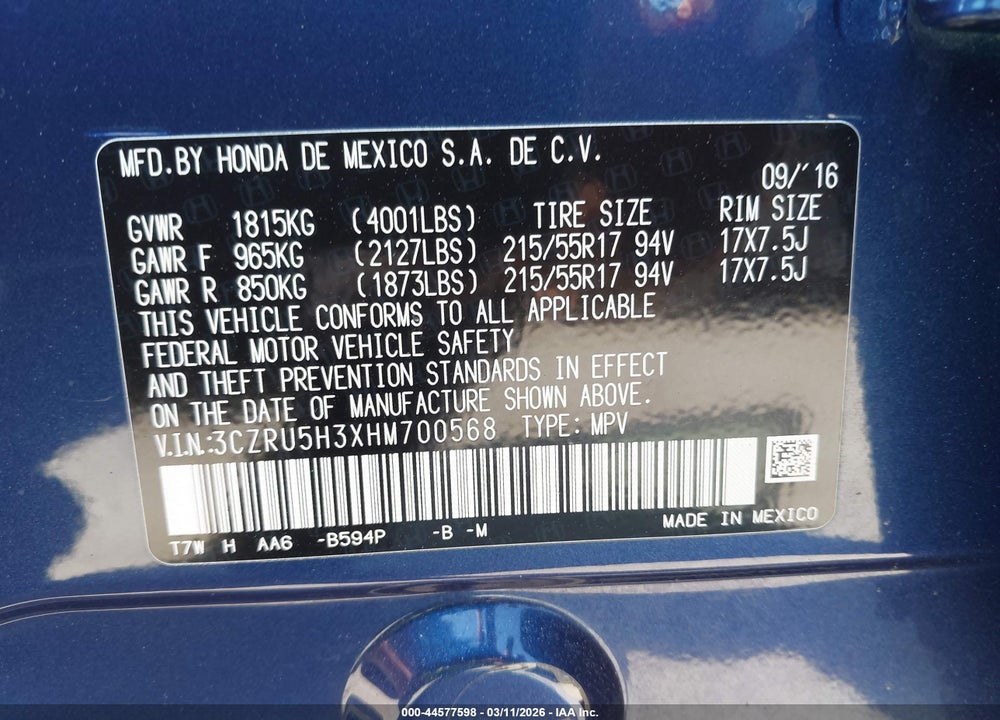 2017 HONDA HR-V LX VIN: 3CZRU5H3XHM700568