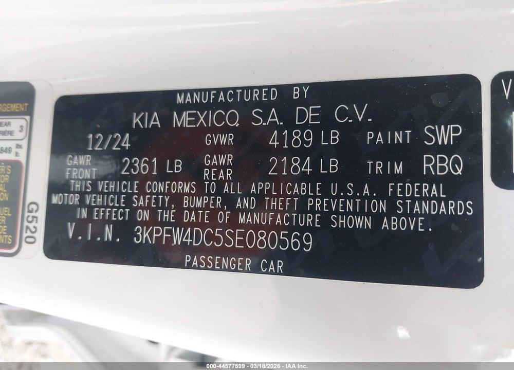 2025 KIA K4 GT-LINE TURBO VIN: 3KPFW4DC5SE080569
