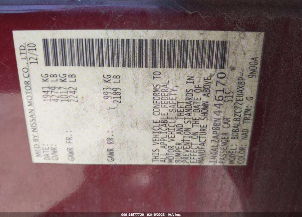 2011 NISSAN ALTIMA 2.5 S VIN: 1N4AL2AP8BN446170