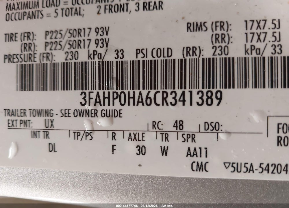 2012 FORD FUSION SE VIN: 3FAHP0HA6CR341389