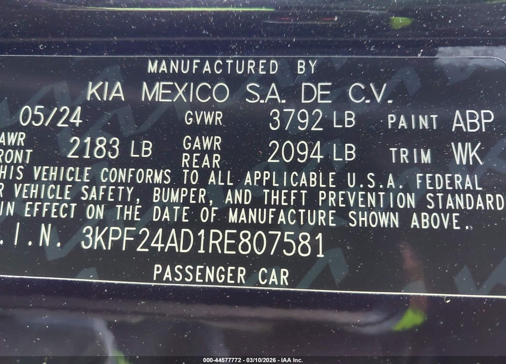 2024 KIA FORTE LXS VIN: 3KPF24AD1RE807581