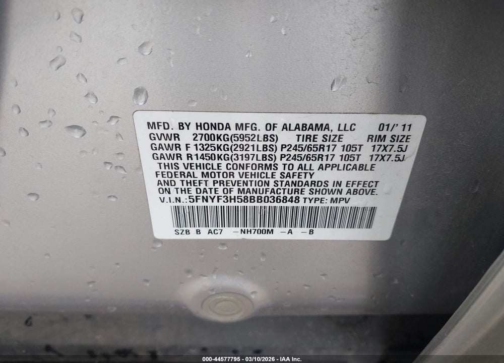 2011 HONDA PILOT EX-L VIN: 5FNYF3H58BB036848