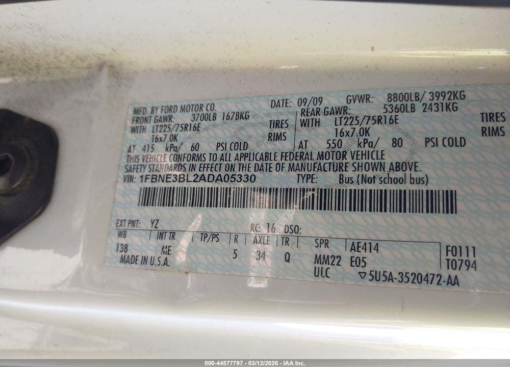 2010 FORD E-350 SUPER DUTY XL/XLT VIN: 1FBNE3BL2ADA05330