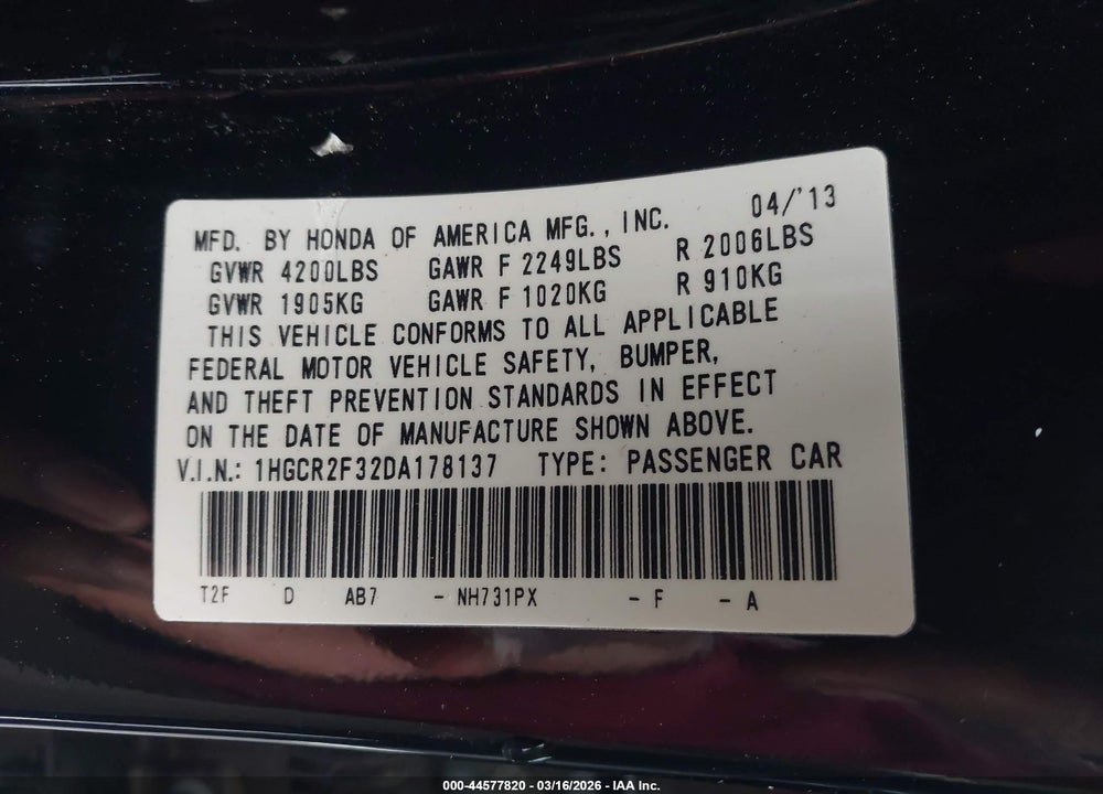 2013 HONDA ACCORD LX VIN: 1HGCR2F32DA178137