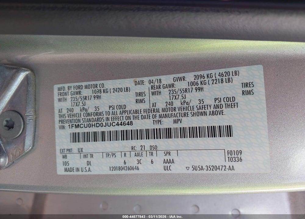 2018 FORD ESCAPE SEL VIN: 1FMCU0HD0JUC44648