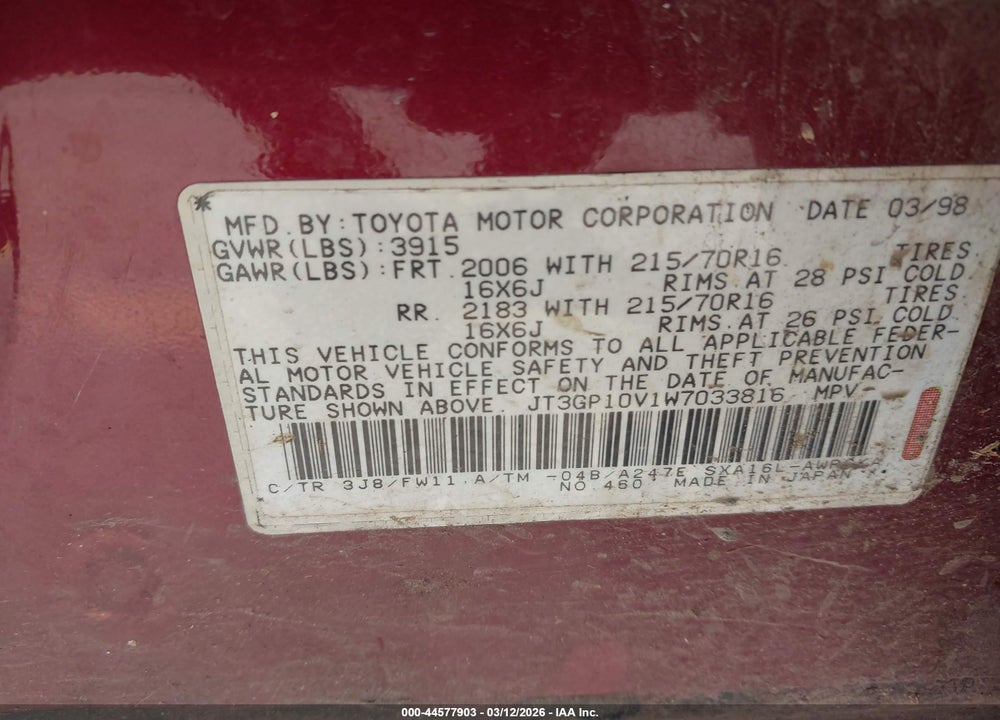1998 TOYOTA RAV4 VIN: JT3GP10V1W7033816