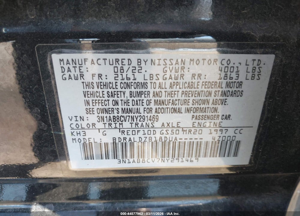 2022 NISSAN SENTRA SV XTRONIC CVT VIN: 3N1AB8CV7NY291469