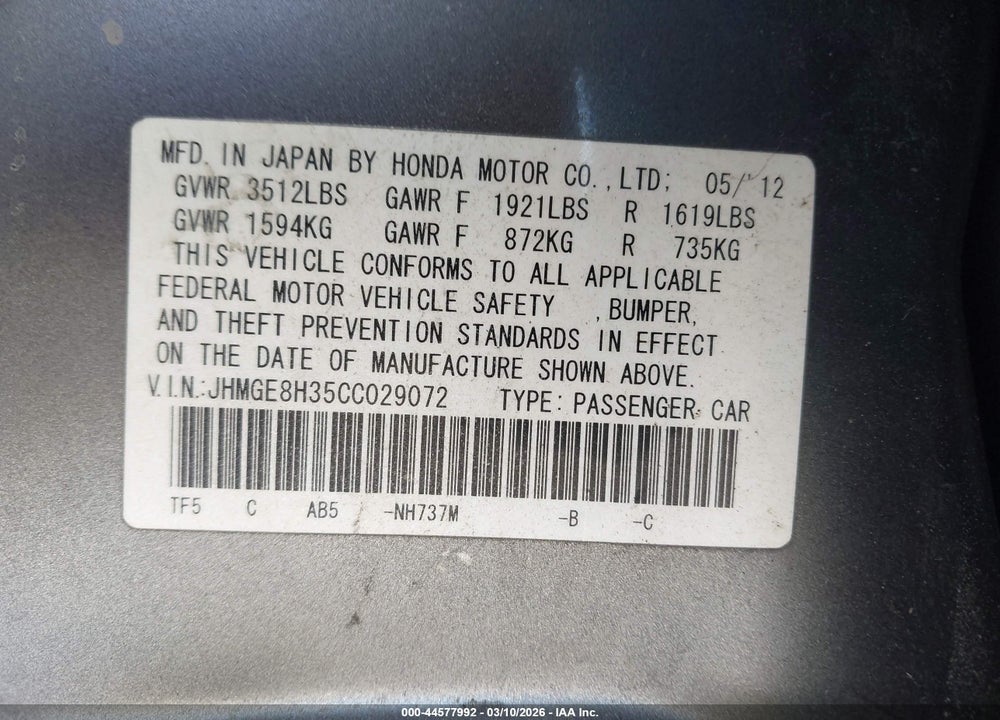 2012 HONDA FIT VIN: JHMGE8H35CC029072