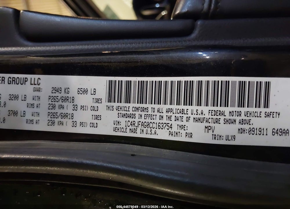 2012 JEEP GRAND CHEROKEE LAREDO VIN: 1C4RJFAG0CC163754