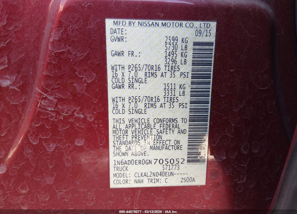 2016 NISSAN FRONTIER SV VIN: 1N6AD0ER0GN705052