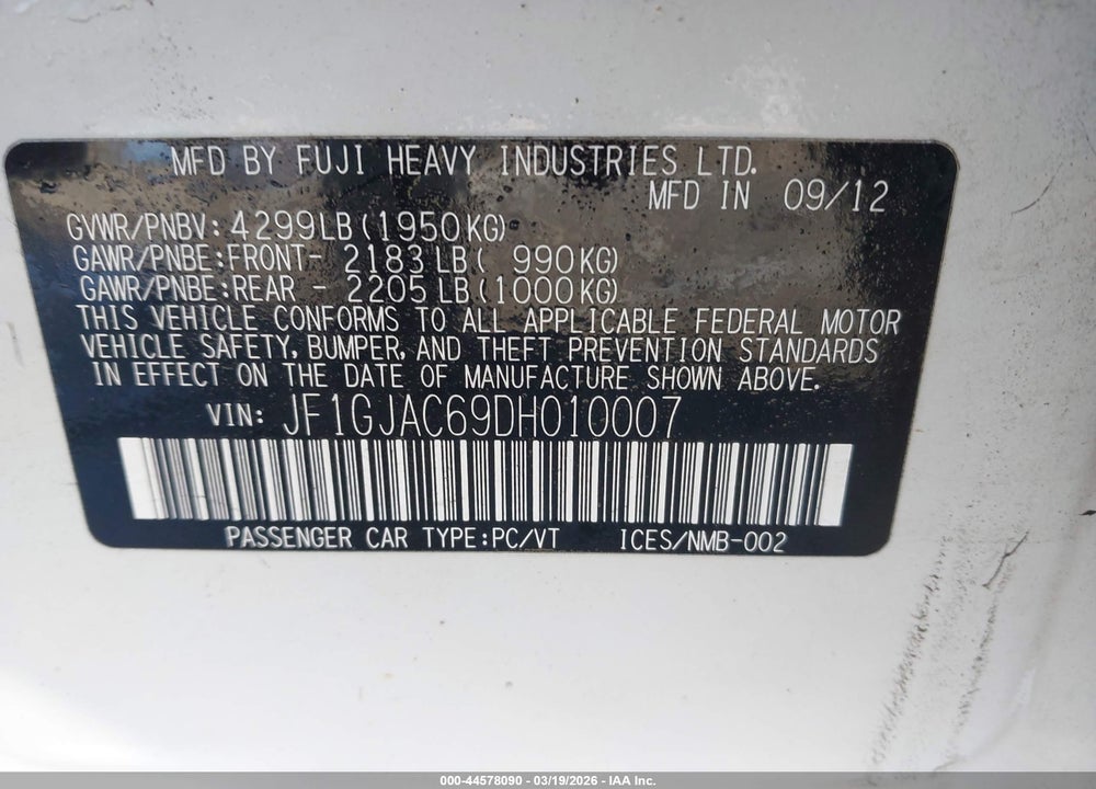 2013 SUBARU IMPREZA 2.0I PREMIUM VIN: JF1GJAC69DH010007
