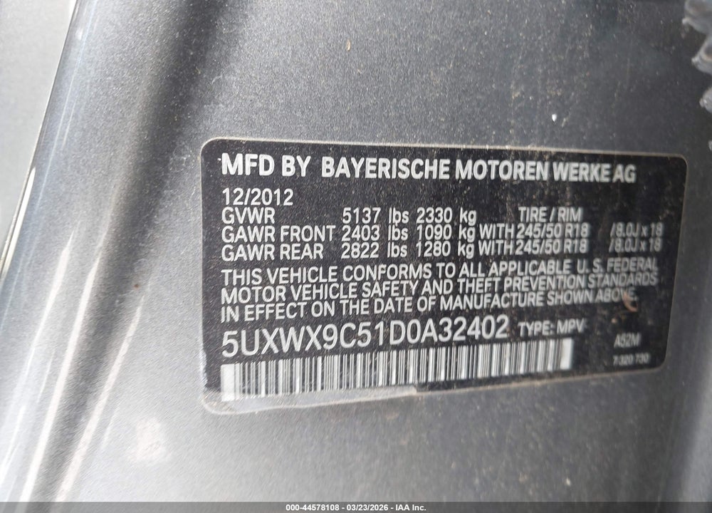 2013 BMW X3 XDRIVE28I VIN: 5UXWX9C51D0A32402