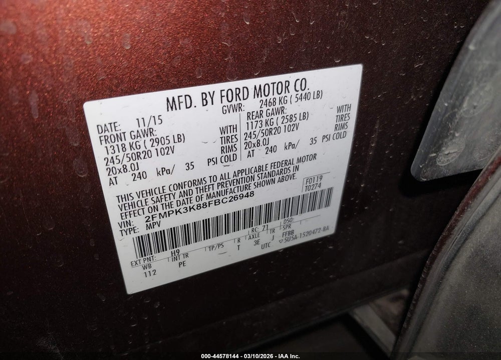 2015 FORD EDGE TITANIUM VIN: 2FMPK3K88FBC26948