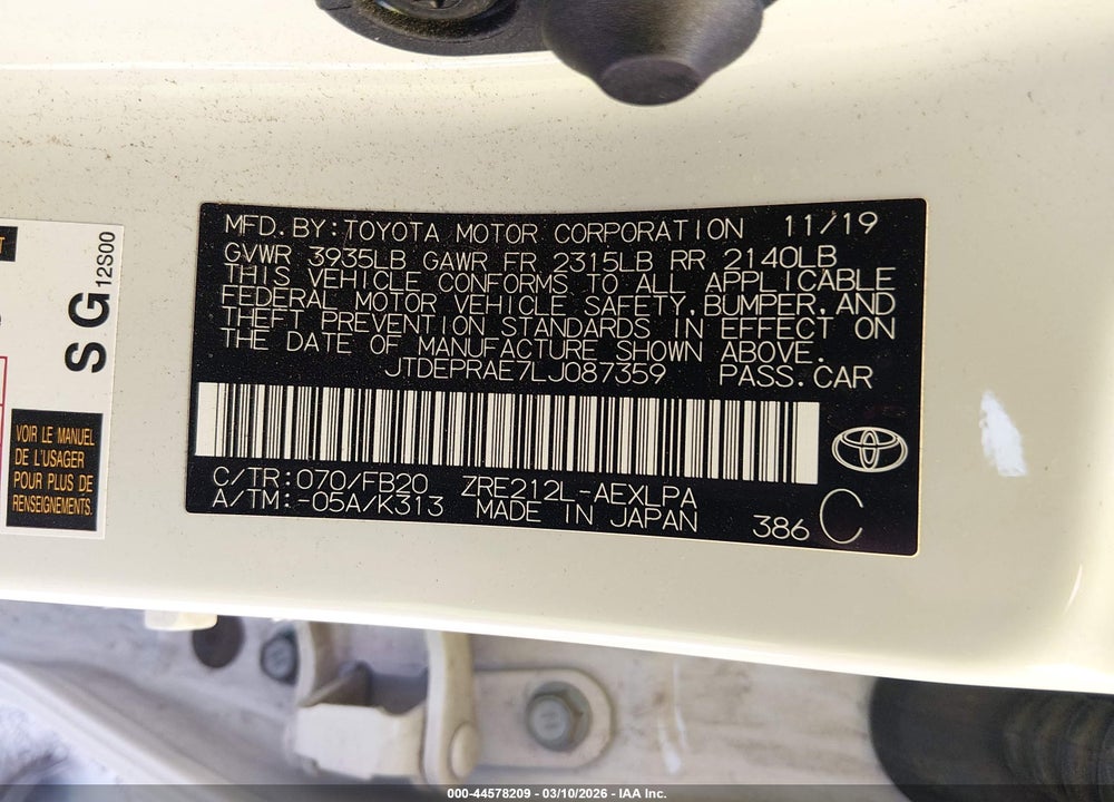 2020 TOYOTA COROLLA LE VIN: JTDEPRAE7LJ087359