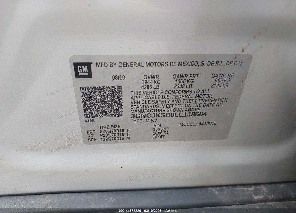 2020 CHEVROLET TRAX FWD LS VIN: 3GNCJKSB0LL148684