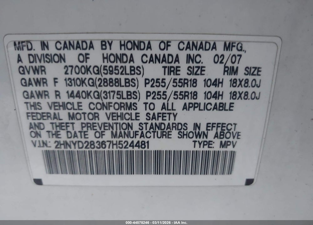 2007 ACURA MDX TECHNOLOGY PACKAGE VIN: 2HNYD28367H524481