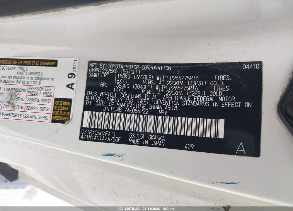2010 TOYOTA FJ CRUISER VIN: JTEBU4BF7AK086222