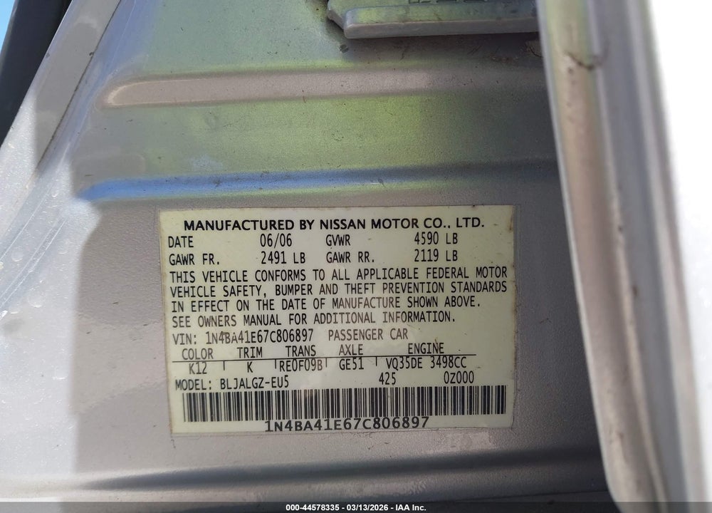 2007 NISSAN MAXIMA 3.5 SL VIN: 1N4BA41E67C806897