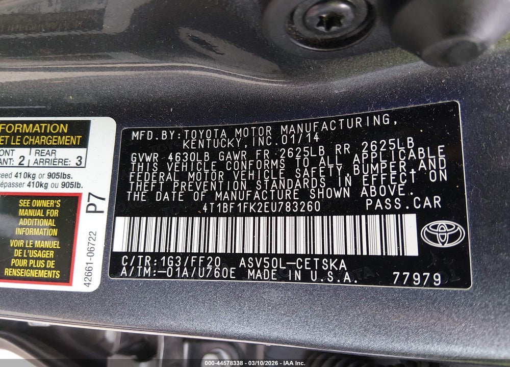 2014 TOYOTA CAMRY SE VIN: 4T1BF1FK2EU783260