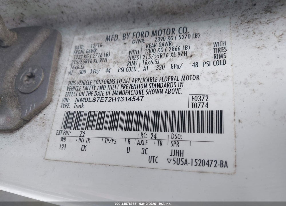 2017 FORD TRANSIT CONNECT XL VIN: NM0LS7E72H1314547