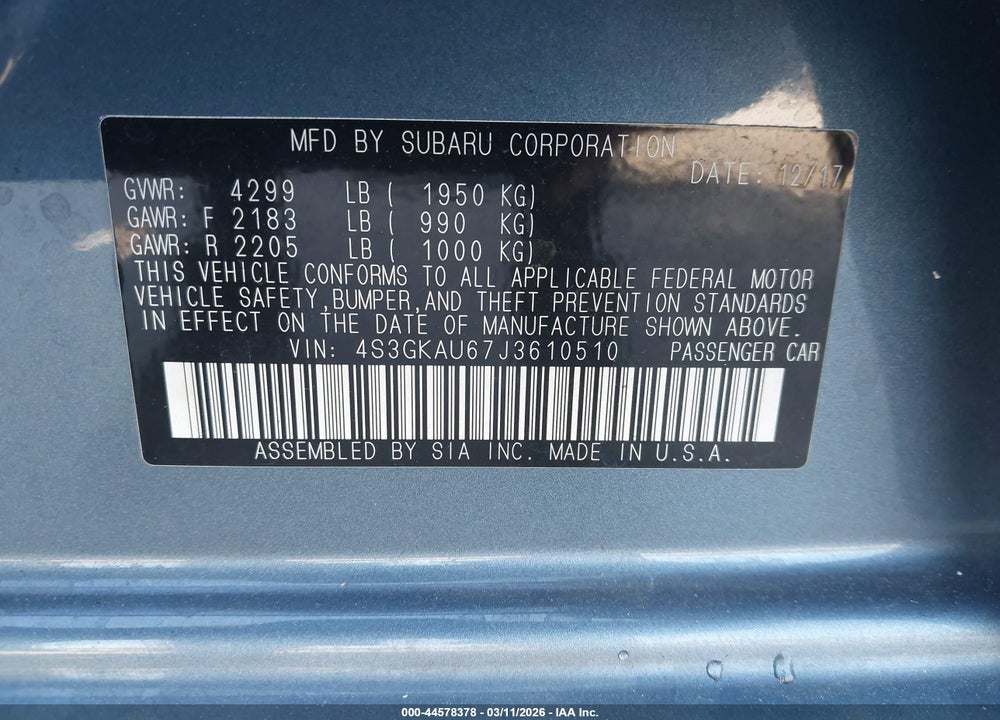 2018 SUBARU IMPREZA 2.0I LIMITED VIN: 4S3GKAU67J3610510