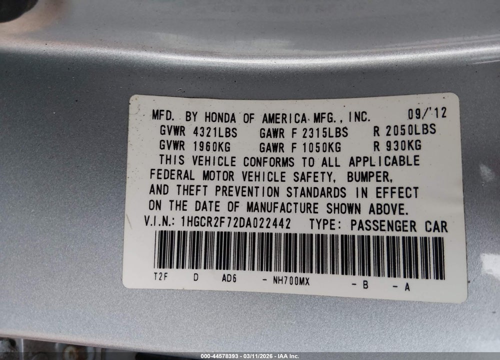 2013 HONDA ACCORD EX VIN: 1HGCR2F72DA022442