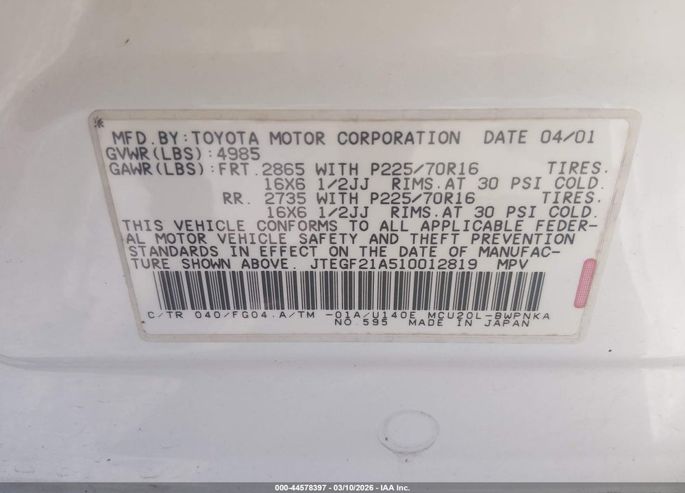 2001 TOYOTA HIGHLANDER V6 VIN: JTEGF21A510012819