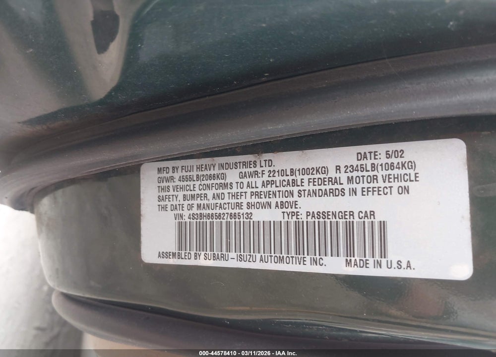 2002 SUBARU OUTBACK VIN: 4S3BH665627665132