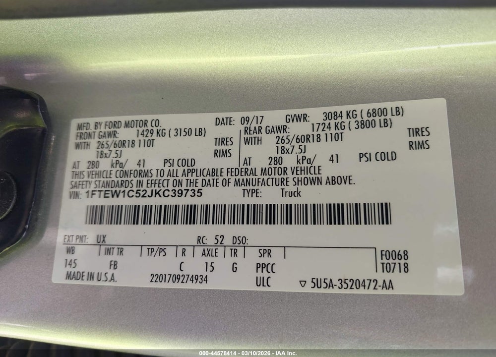 2018 FORD F-150 XLT VIN: 1FTEW1C52JKC39735