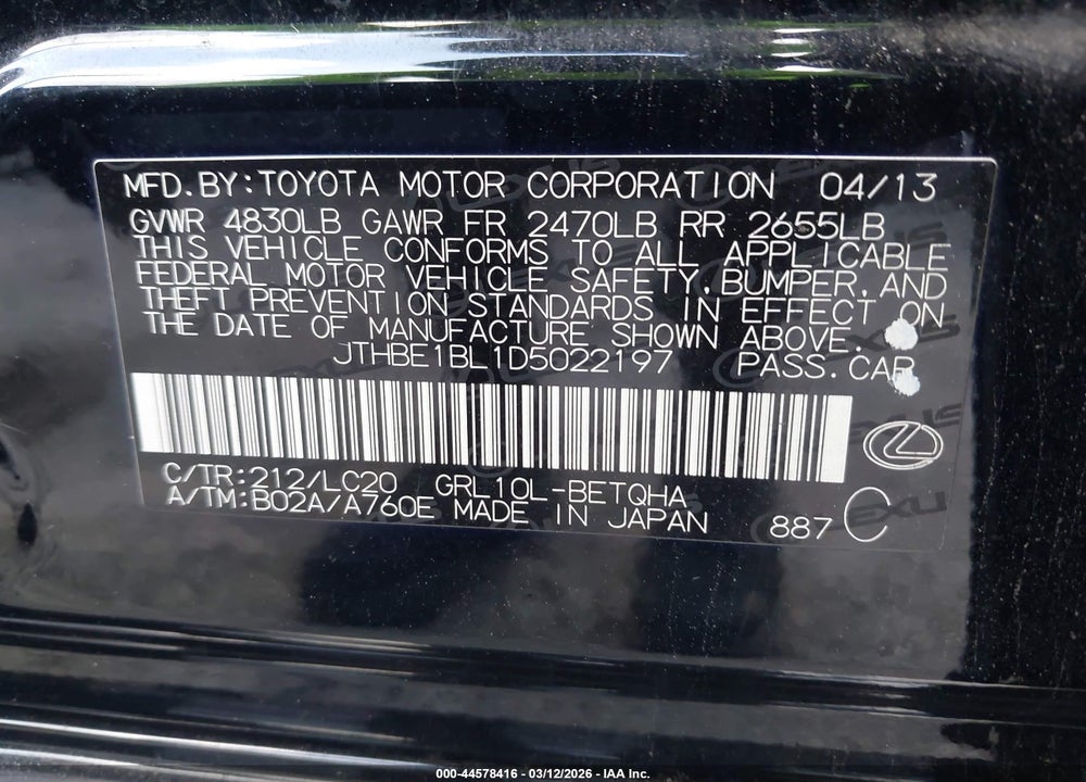 2013 LEXUS GS 350 VIN: JTHBE1BL1D5022197