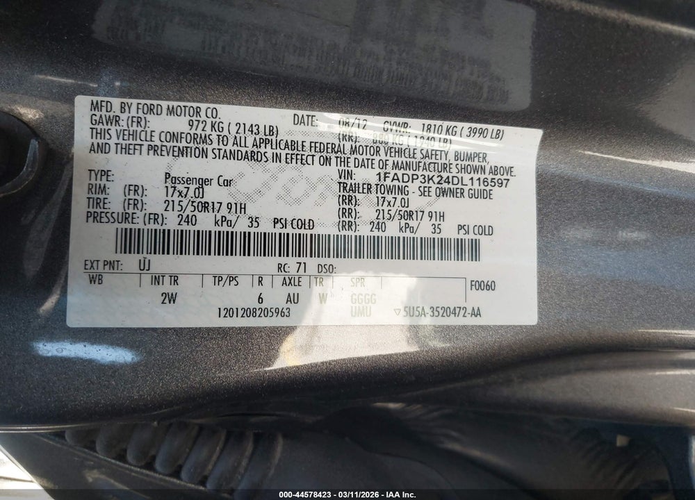2013 FORD FOCUS SE VIN: 1FADP3K24DL116597
