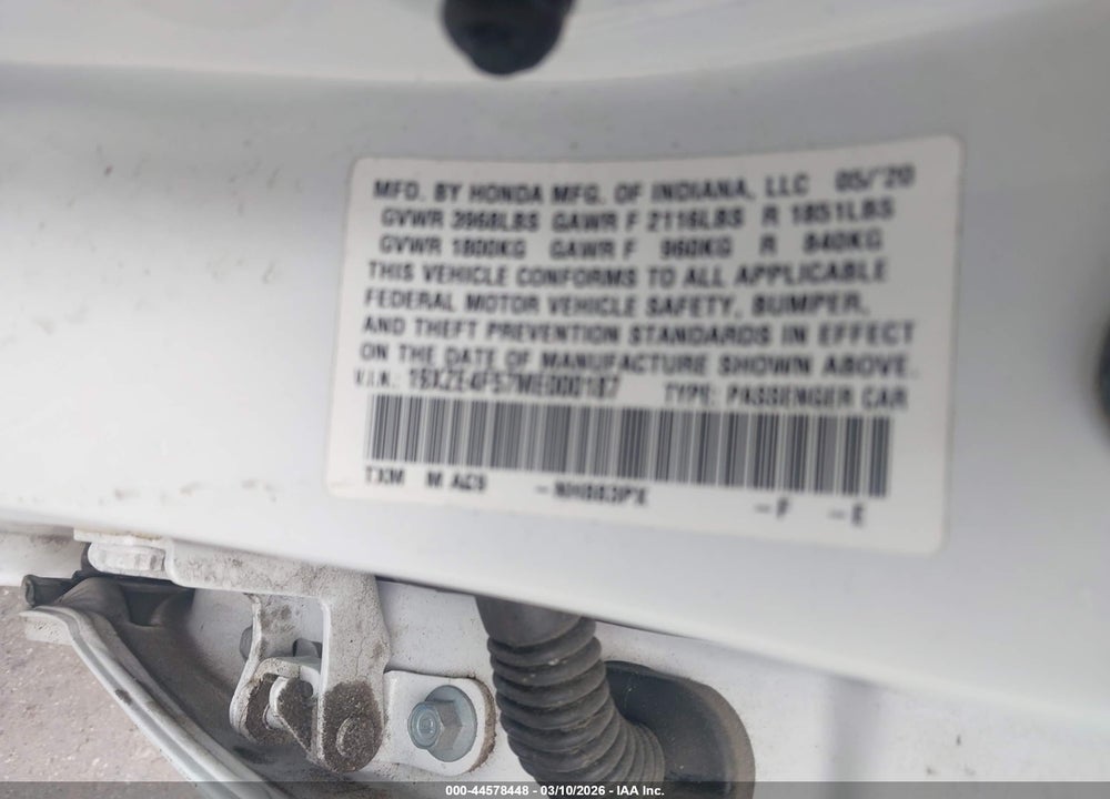 2021 HONDA INSIGHT EX VIN: 19XZE4F57ME000187