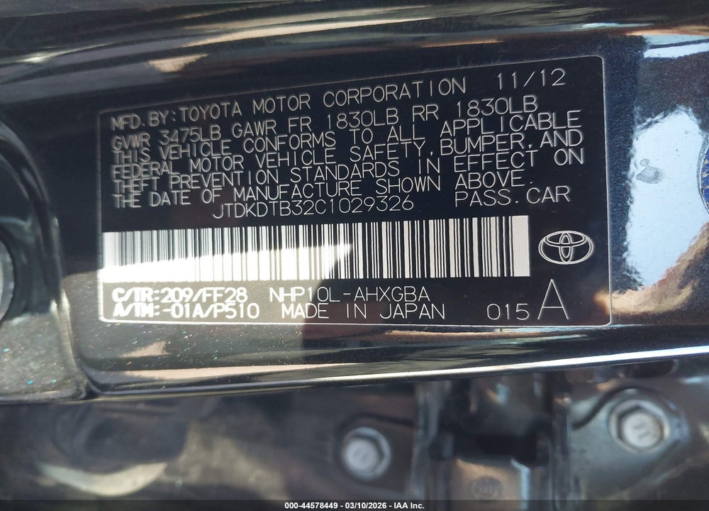 2012 TOYOTA PRIUS C THREE VIN: JTDKDTB32C1029326
