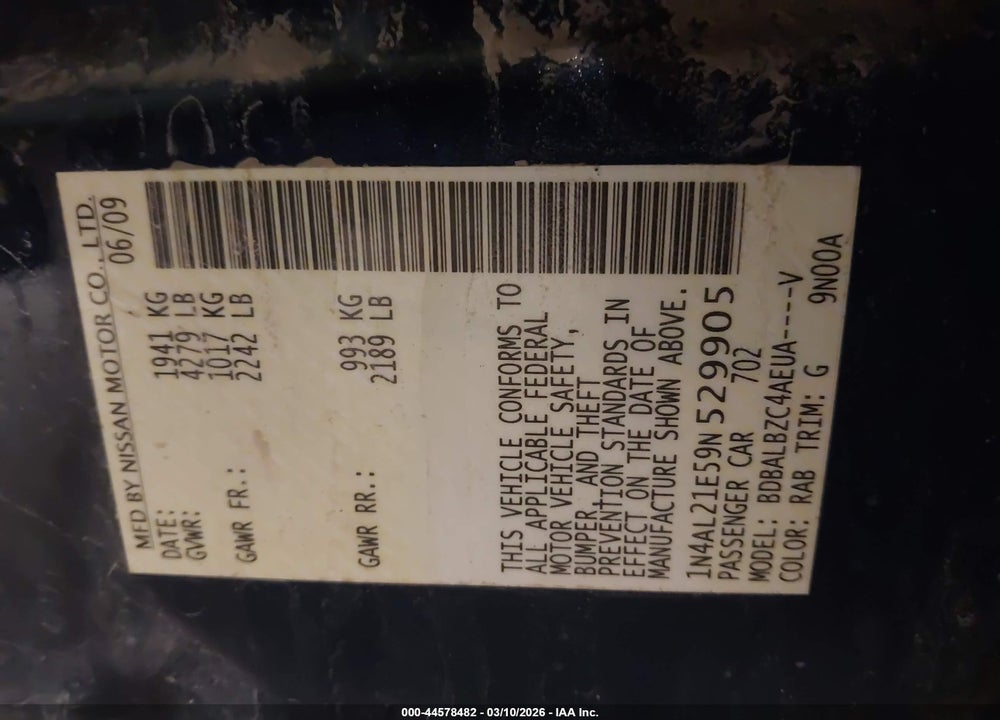 2009 NISSAN ALTIMA 2.5 S VIN: 1N4AL21E59N529905