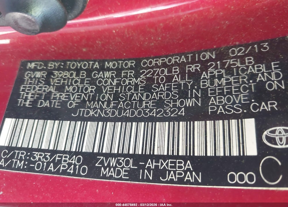 2013 TOYOTA PRIUS THREE VIN: JTDKN3DU4D0342324
